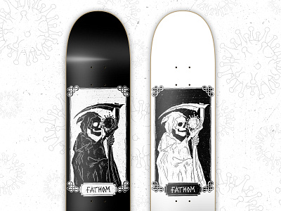 Fathom Skateboards Reaper black and white corona virus covid hand drawn illustration skateboard