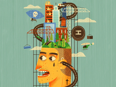 Headspace blimp building car character city crane face fire head helicopter illustration road