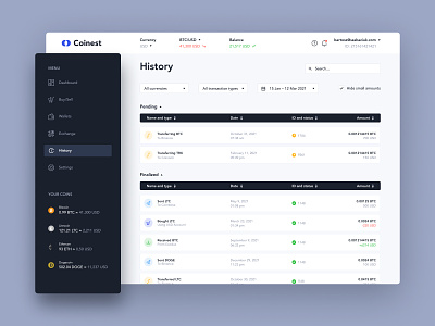 Coinest - Crypto Currency Dashboard bank bitcoin btc coin crypto currency dashboard design digital history interface list management product table transfer ui ux view