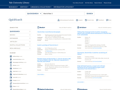 Yale Library Quick Search higher education library app website design