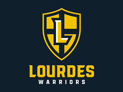 Our Lady of Lourdes High School Athletics Logo branding catholic gold high school logo navy sports yellow
