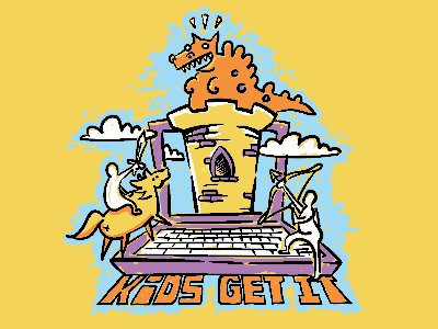 Kids Get IT castle clouds computer dragon illustration