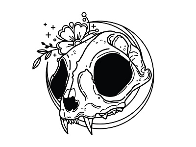 Cat. blackwork cat flowers linework moon skull tattoo