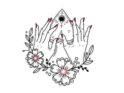 Ouija. blackwork design floral ghost hands haunted illustration ouija planchette red nails spooky tattoo