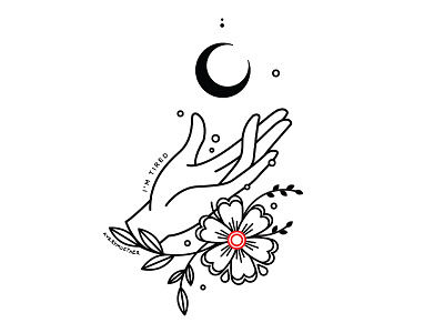 Tired. black work flowers hand illustration im tired lineart moon occult tired