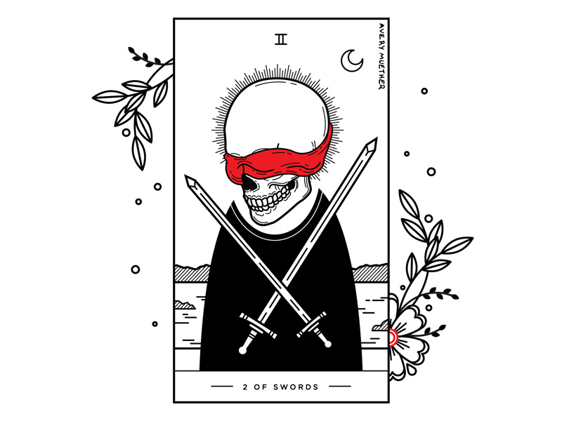 2 Of Swords. tarot deck swords 2 of swords tarot skeleton black work line work spooky linework skull blackwork tattoo illustration