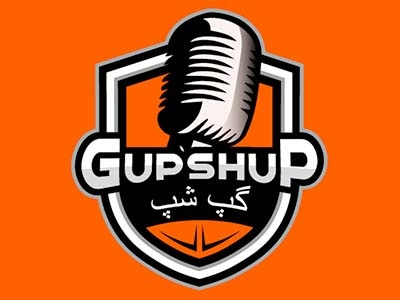 Gupshup logo design audio badge identity logo mascot mic music orange podcast recording shield silhouette