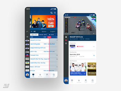 TV Streaming App app blue channel creative live mobile mobile tv racing sports streaming tv ui ux watch