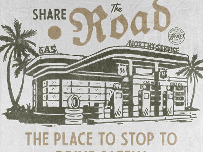 Share The Road badge design branding collaboration gas station handdrawn illustration t shirt design vintage vintage badge vintage design