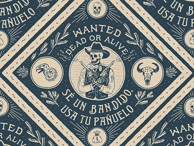 Wanted Dead or Alive badge design bandana branding illustration skull t shirt design vintage vintage badge western