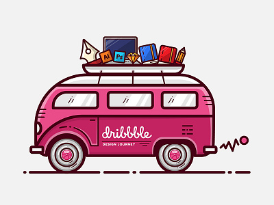 Dribbble, A Design Journey contest design fun illustration imagination journey playoff rebound sticker sticker mule trip van