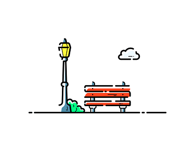 Bench art bench clouds color design doodle fall icon illustration illustrator lamp post leaves minimal park streetlight vector