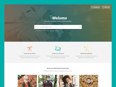 Weluma Homepage banner features hero home landing page products search shopping site space