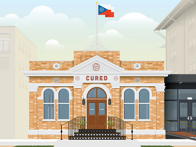 Cured - Progress Shot Pt.2 brick building clouds flag illustration pearl brewery san antonio