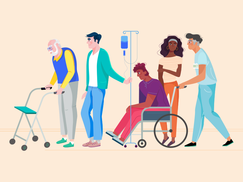 RoboMG - ZonMw 05 attention assistance people nurse wheel chair together illustration ill helping healthcare health character design character caring care