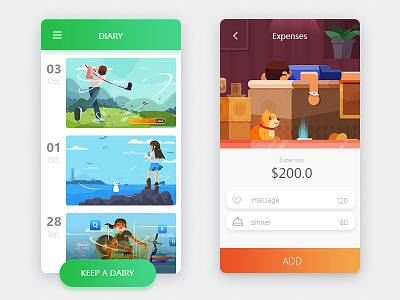 Illustrations of alone series in UI design 3 account，ui，illustration app card dairy game golf message player ygg