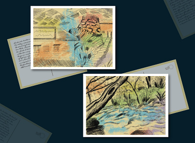 Postcards digital art digital illustration digital sketch hills illustration postcards river village