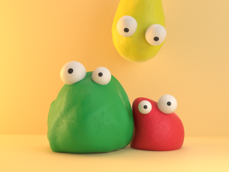 Three buddies red yellow green characters plasticine material shading 3d