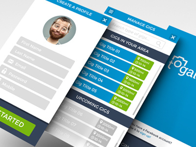 Tog App more screens design flat get started gigs login manage page photograph profile simple ui user interface