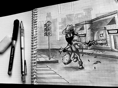 Ruuun !!!!! The police is coming !! black cartoon illustration magazine shadows sketch white wireframe
