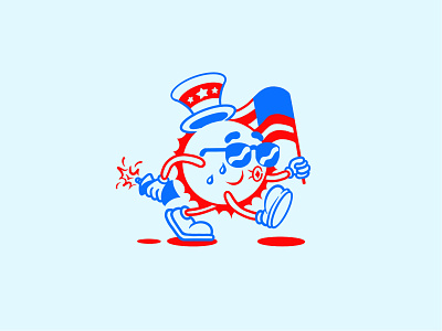 Little 4th of July buddy 4th of july america blue fireworks flag illustration marching mascot red sun walking