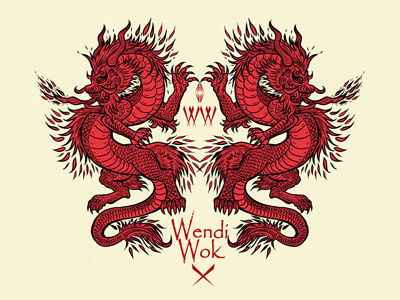 Wendi Wok dragons illustration logo red restaurant wok yellow