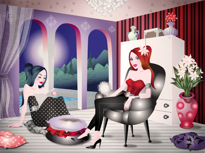 California Night california colorful editorial fashion girls illustration night room