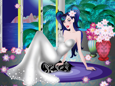 Night_Detail blue hair character character design colorful flowers girl night palm trees sea silver gown tropical woman