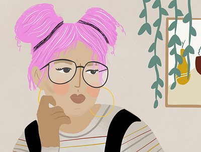 Judging face illustration girl glasses illustration illustrationart overalls pink hair plants