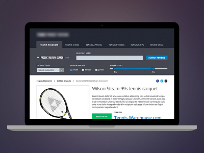 Tennis equipment reviews website design reviews search sport tennis ui web webdesign website