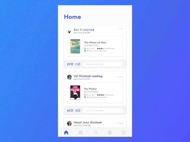 Audiobook Lovers animation books card clean design gif loading minimal mobile social ui ux