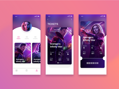 Movie ticket QR code app avengers: infinity war design movie pink purple ui