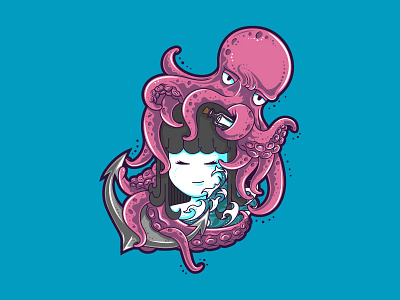 Octopus and little girl anchor bottle design girl graphic illustration little ocean octopus sea vector water