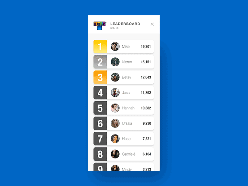 Tetris Leaderboard - Daily UI :: 019 animated animation app clean daily 100 challenge daily ui 019 dailyui design flat mobile typography ui vector web