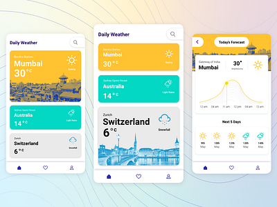 Daily Weather App UI adobe illustrator adobe photoshop cc adobe xd auto animate dailyweather design dualtone graphicdesign hidribble interaction design materialdesign mumbai typography ui uidesign uplabs vector weather app