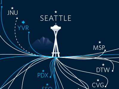 Seattle Flights blue flights map mount rainier paths seattle space needle tracks vector
