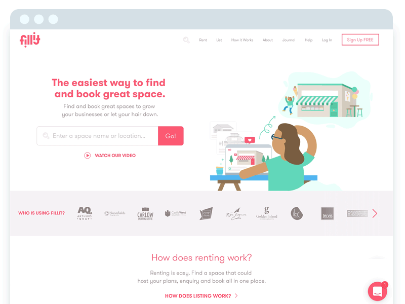 Fillit - Homepage animation colour fillit frame friendl illustration product design rent start up team ui ux