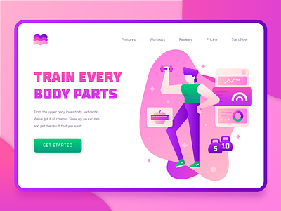 Fitness Sport Landing Page 2 2d 2d character cardio diet exercise fitness fitness app flat healthy heart rate icon illustration landing page muscle sport ui ux vector weight weightlifting