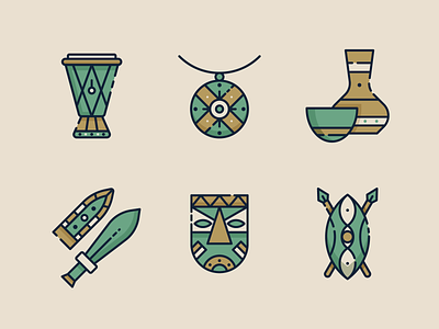 Africa Icons 1 2d africa africa icon african culture african mask culture drum flat icon design icon set icons illustration mask necklace pottery shield south africa sword traditional ui