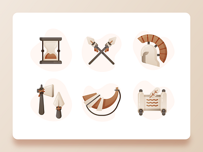 History Icons 2 2d flat gradient historical history hourglass icon old parchment peace primitive spartan time traditional trumpet ui ux war weapon web design