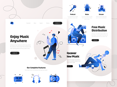 Music Streaming Startup Webpage 2d blue business character fintech flat gradient icon design illustration landing page modern music music app services startup streaming ui ux vector web design