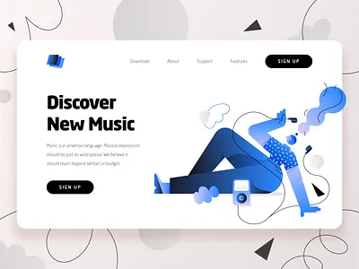 Music Streaming Startup Landing Page 1 2d blue character fintech flat girl gradient illustration ipod landing page landing page ui mobile app modern music music app music streaming startup ui ux web design