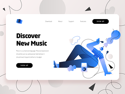 Music Streaming Startup Landing Page 1 2d blue character fintech flat girl gradient illustration ipod landing page landing page ui mobile app modern music music app music streaming startup ui ux web design