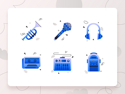 Music Icons 2 2d audio blue flat grey headphone icon icon design icon set illustration keyboard microphone mixtape music music app piano trumpet ui ux web design