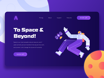 Space Startup Landing Page 1 2d astronaut character finance fintech flat galaxy illustration nasa planet rocket satellite space spacex stars startup ui universe vector webdesign
