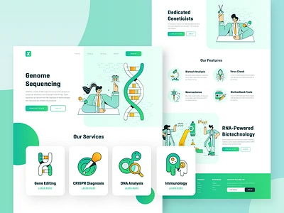 Biotech Startup Webpage 2d biology biotech character chemistry crispr dna flat genetics green illustration landing page medicine microscope science ui ux vector virus webdesign