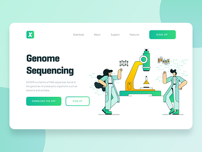 Biotech Startup Landing Page biology biotech character chemistry crispr dna fintech flat green illustration landing page medicine microscope science scientist startup ui ux virus web design