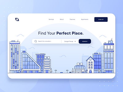 Real Estate Property Landing Page UI/UX 2d apartment blue booking app business flat hero hotel house housing illustration landing page line property real estate realtor startup ui ux vector
