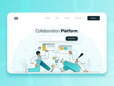 Collaboration Platform Web Design UI/UX 2d blue business character collaboration developer fintech flat gradient hero illustration illustration landing page software startup teal technology ui ux web design webdesign