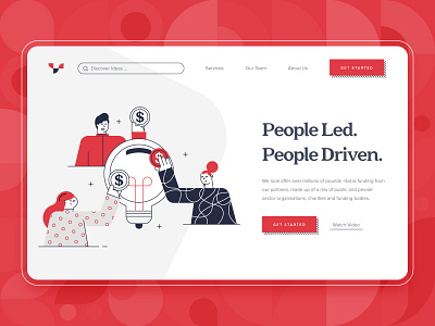 Crowdfunding Startup Landing Page 1 2d backing business character charity crowd crowdfunding design finance flat funding idea illustration kickstart money red startup ui ux web design